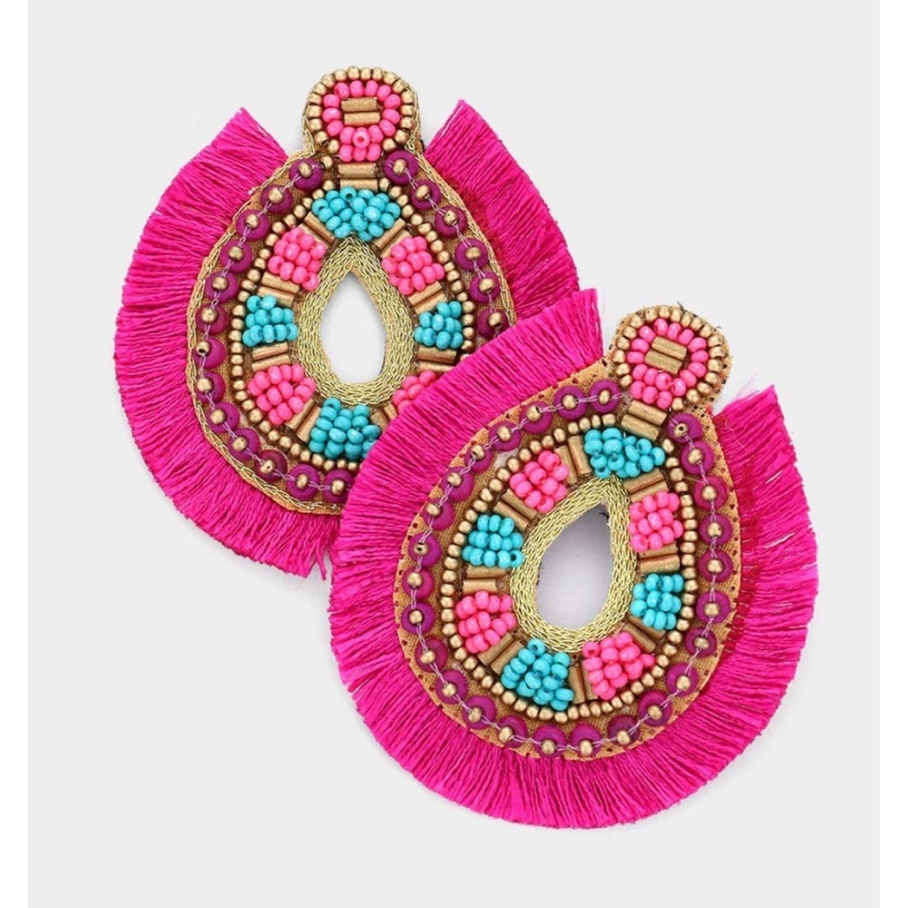 Boutique Boho beaded, pink fringe statement earrings NWT